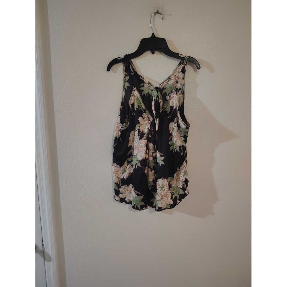 Free People Floral Draped Open Back Sleeveless Top Black Peach Cream Large